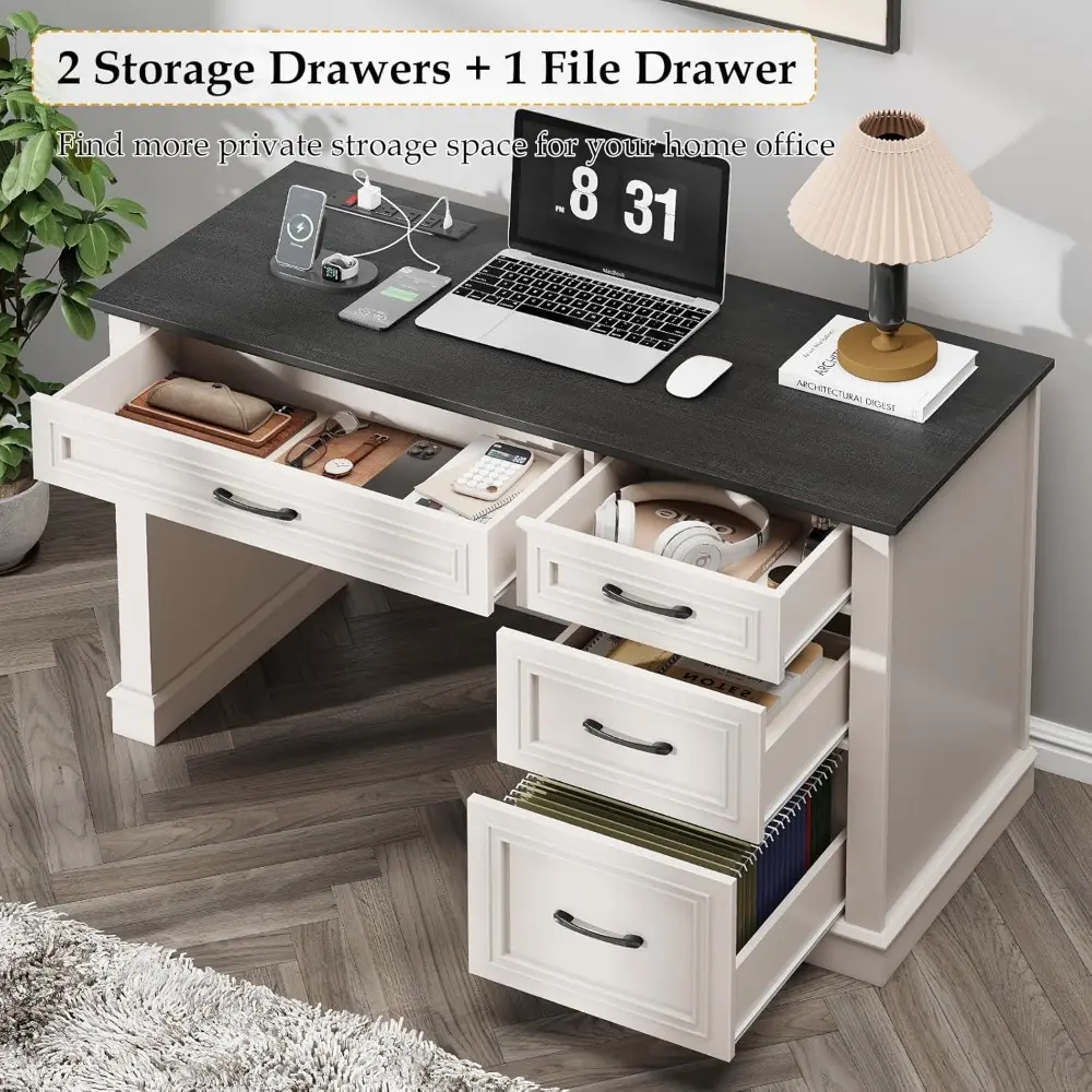 Farmhouse 47" Executive Desk, Computer Desk with Drawers and File Drawer, Workstation Computer Desk with Charging Station for Ho