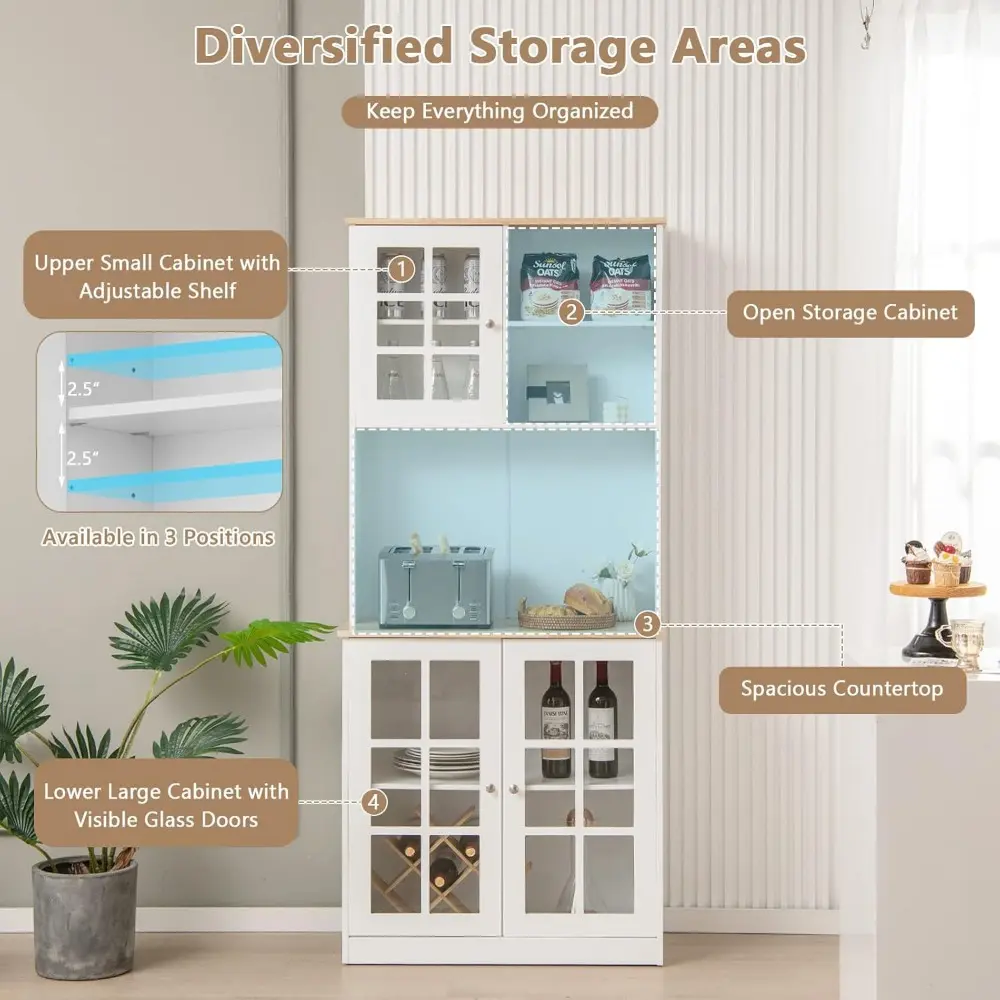 72" Kitchen Hutch Storage Cabinet, Freestanding Pantry Buffet Cabinet with Glass Doors, Open & Closed Storage, 3-Position Adjus