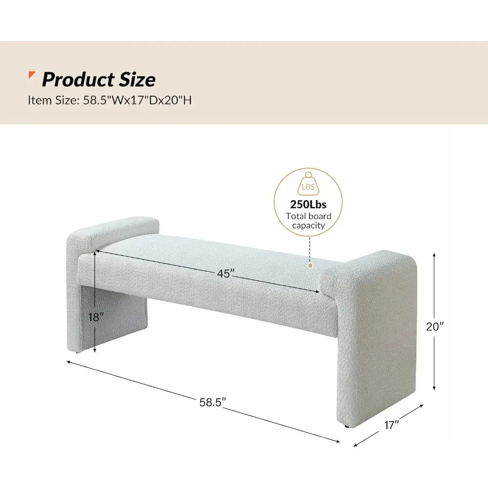 HULALA HOME 58.5" End of Bed Bench, Modern Fabric Upholstered Entryway Bench with Solid Wood Frame, Ivory