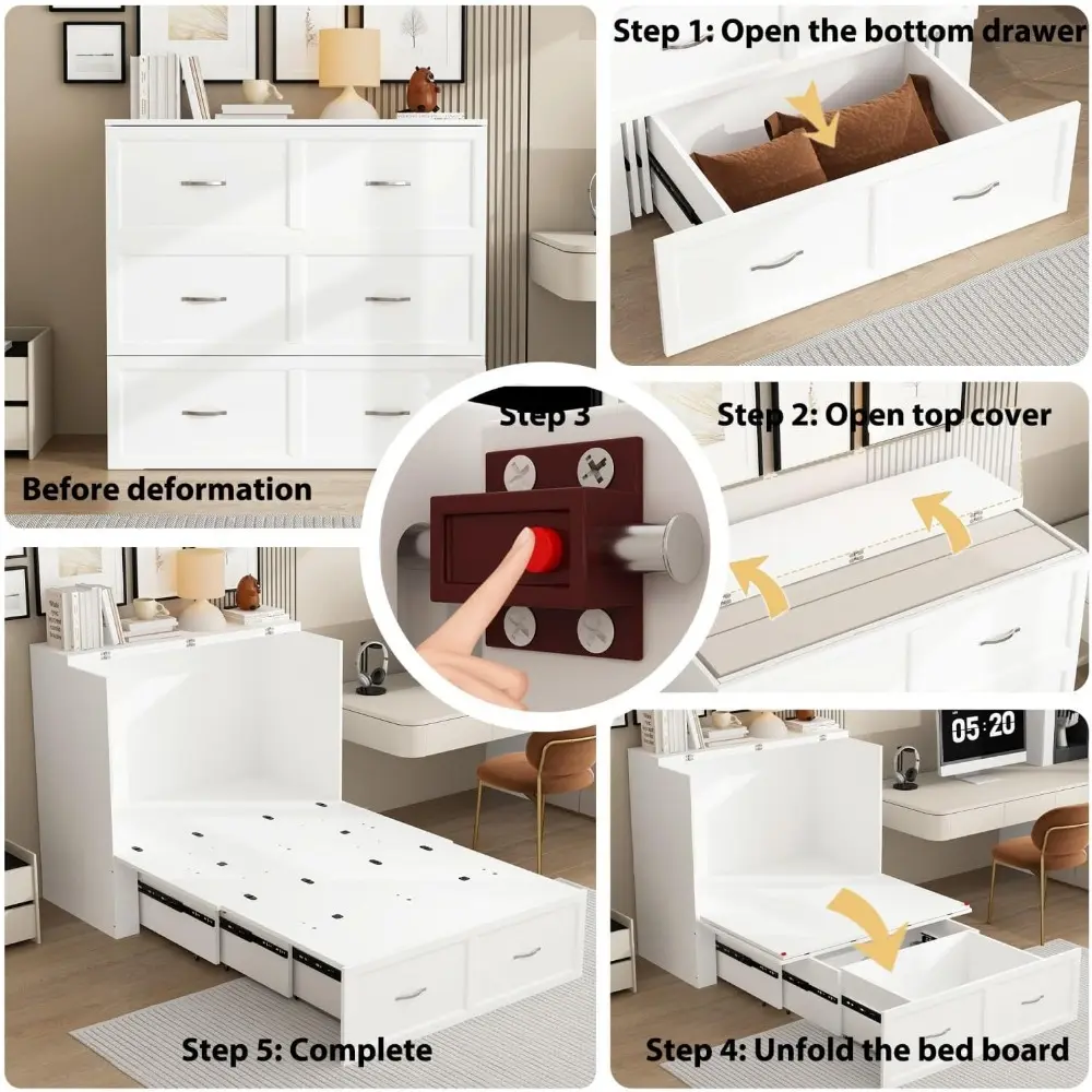 FAMAPY Twin Murphy Bed with Built-in Charging Station, Space-Saving Murphy Bed Chest Twin with Drawer, Foldable, for Home Office
