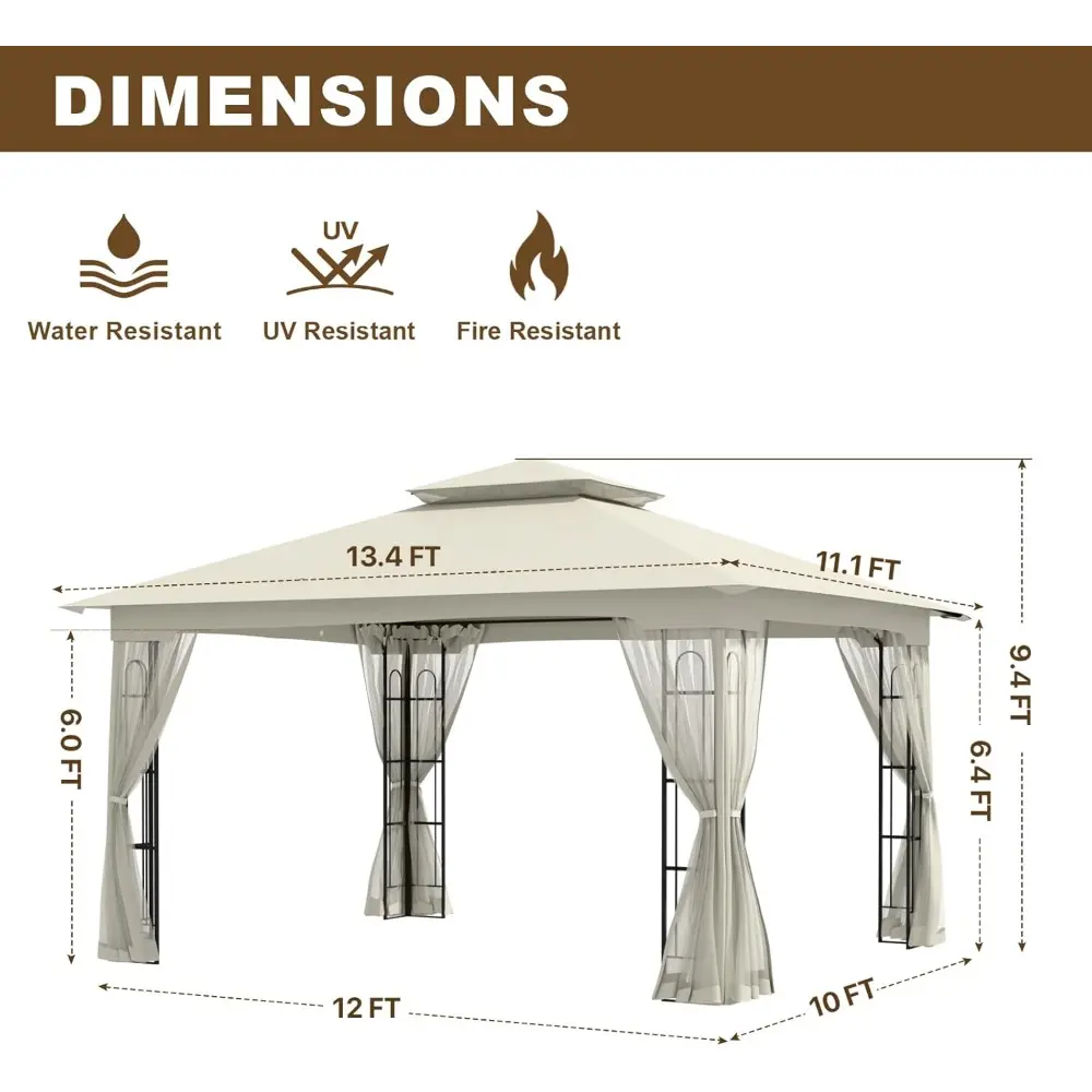 "10x12 Outdoor Gazebo with Mesh Netting and Double Roof Fabric Top for Backyard Patio and Garden"