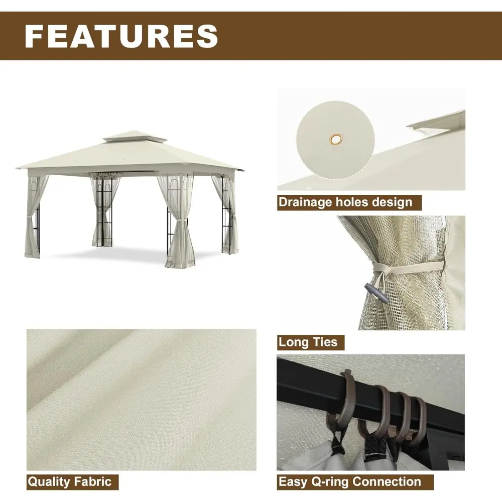 "10x12 Outdoor Gazebo with Mesh Netting and Double Roof Fabric Top for Backyard Patio and Garden"