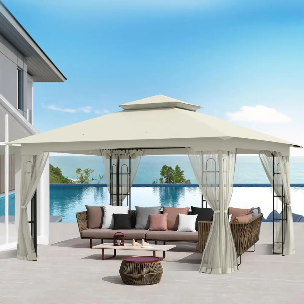 "10x12 Outdoor Gazebo with Mesh Netting and Double Roof Fabric Top for Backyard Patio and Garden"