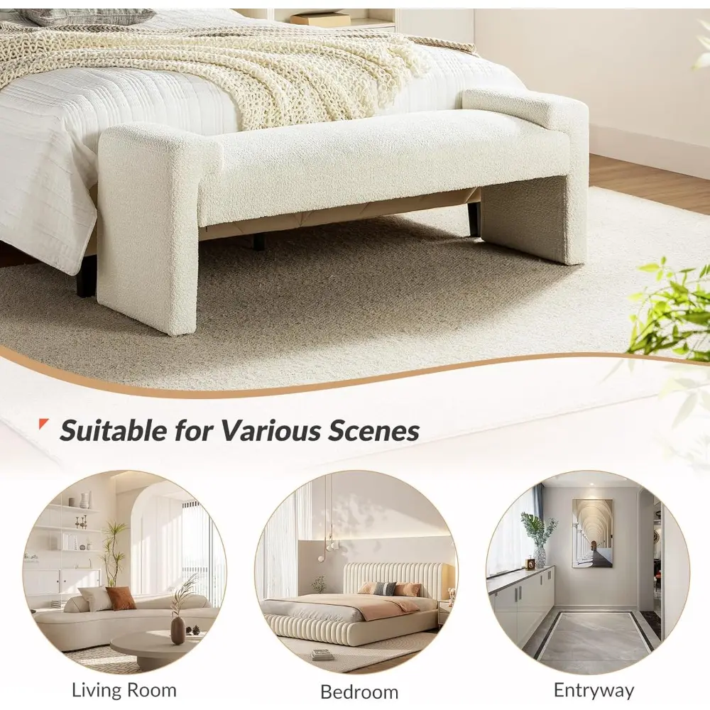 HULALA HOME 58.5" End of Bed Bench, Modern Fabric Upholstered Entryway Bench with Solid Wood Frame, Ivory