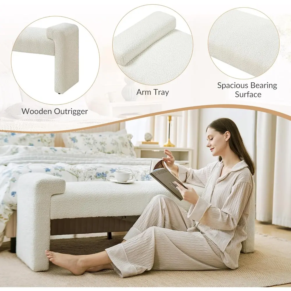HULALA HOME 58.5" End of Bed Bench, Modern Fabric Upholstered Entryway Bench with Solid Wood Frame, Ivory