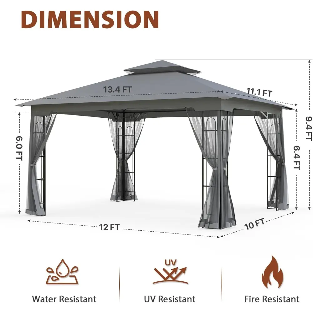 Mesh-Netted 13x11 Patio Gazebo with 12x10 Footprint, Soft-Top Outdoor Pavilion for Backyard, Deck, Lawn, and Garden