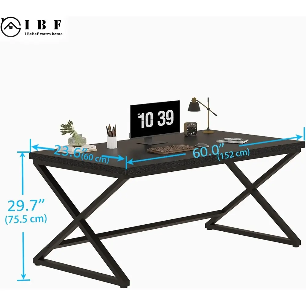 Black Desk, Modern Computer Desk for Writing Study, Industrial Simple Home Office Work Desk in Bedroom, Wood Metal Pc Gaming La