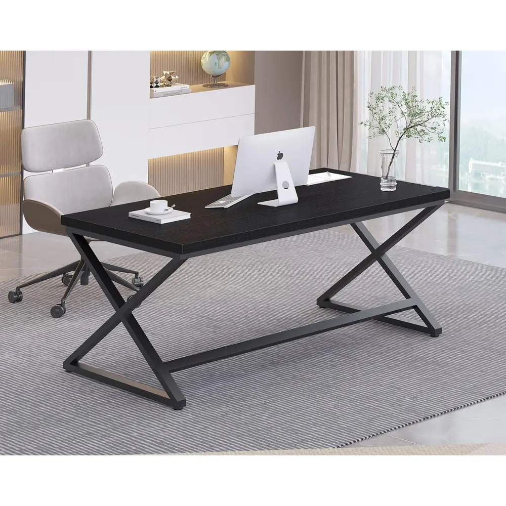 Black Desk, Modern Computer Desk for Writing Study, Industrial Simple Home Office Work Desk in Bedroom, Wood Metal Pc Gaming La