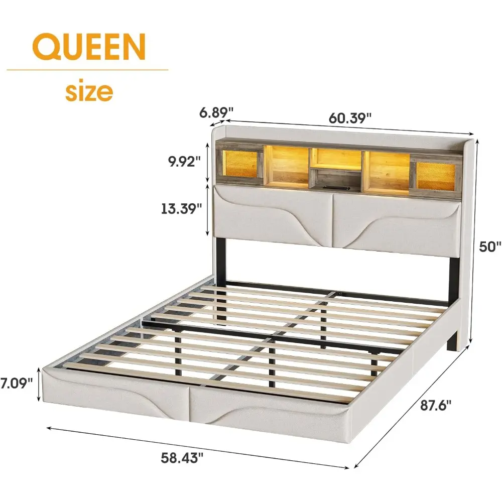 Maupvit Queen Size Floating Bed Frame with LED Lights, Queen Bed Frame with Bookcase Headboard, Charging Station, Sliding Door,