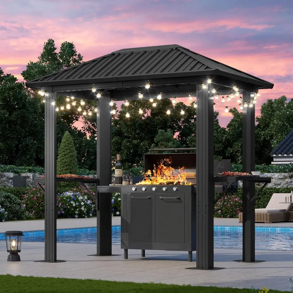 Outdoor Metal Hardtop Gazebo 5x8 FT, Permanent BBQ Pavilion with Galvanized Steel Roof and Aluminum Construction