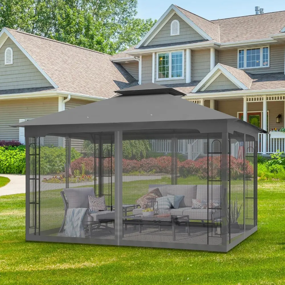 Mesh-Netted 13x11 Patio Gazebo with 12x10 Footprint, Soft-Top Outdoor Pavilion for Backyard, Deck, Lawn, and Garden