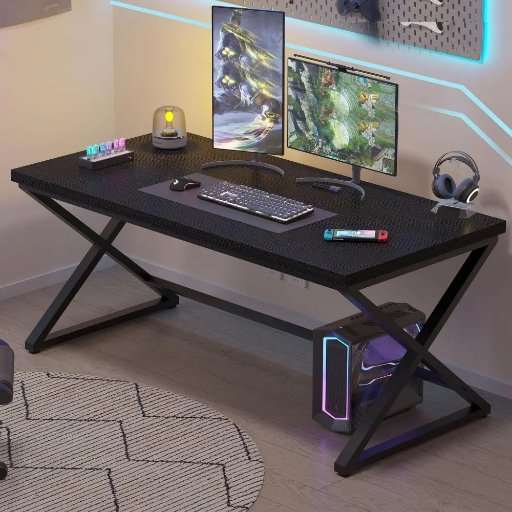 Black Desk, Modern Computer Desk for Writing Study, Industrial Simple Home Office Work Desk in Bedroom, Wood Metal Pc Gaming La