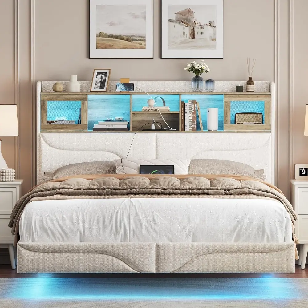 Maupvit Queen Size Floating Bed Frame with LED Lights, Queen Bed Frame with Bookcase Headboard, Charging Station, Sliding Door,