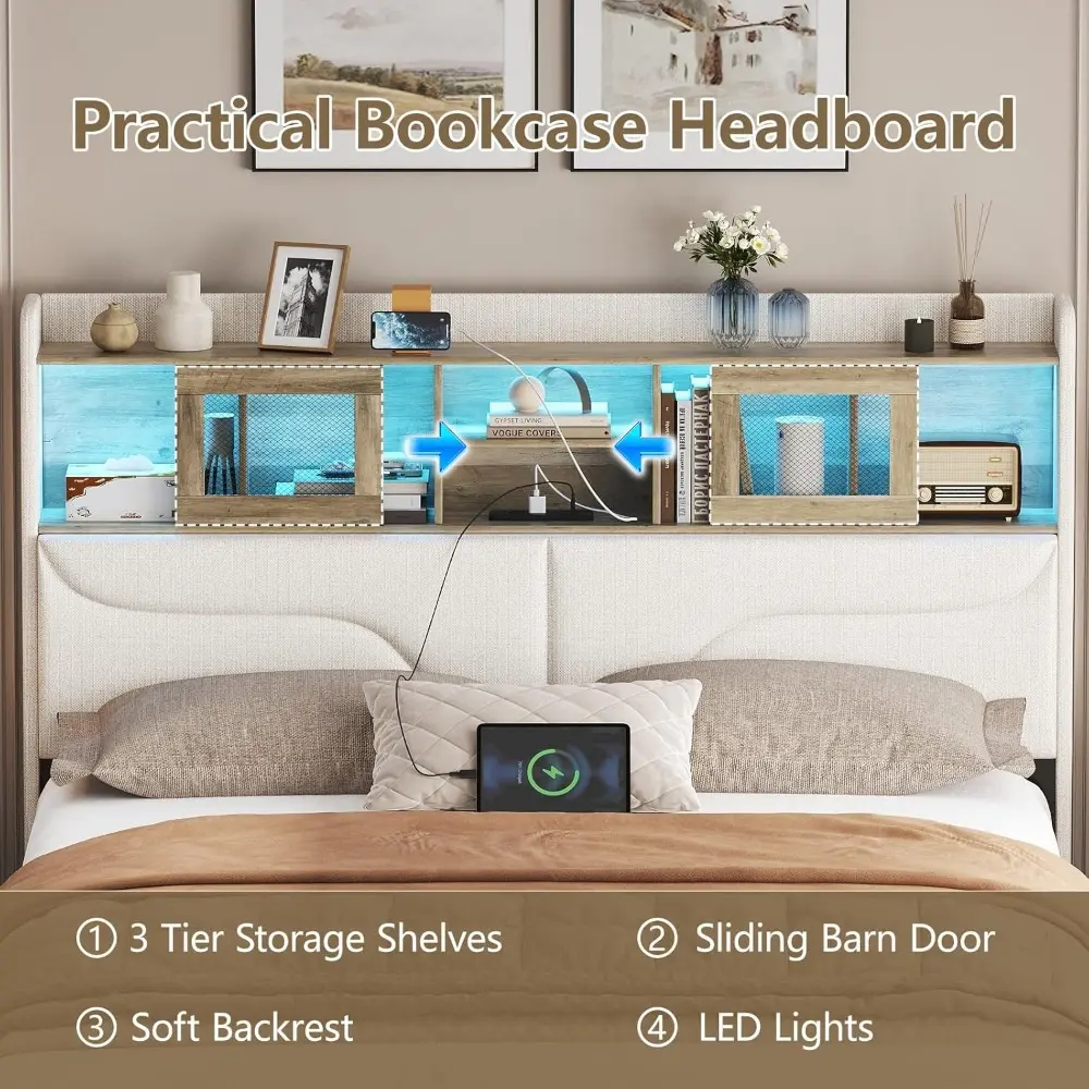 Maupvit Queen Size Floating Bed Frame with LED Lights, Queen Bed Frame with Bookcase Headboard, Charging Station, Sliding Door,