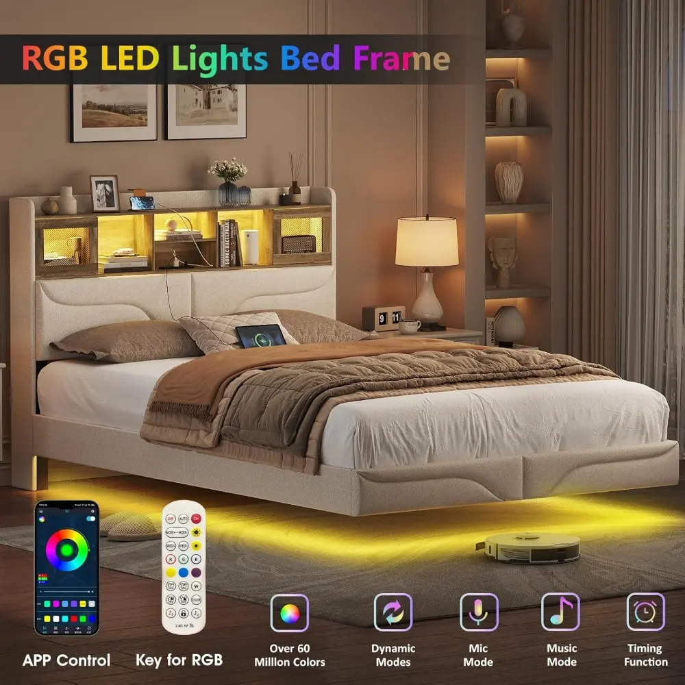 Maupvit Queen Size Floating Bed Frame with LED Lights, Queen Bed Frame with Bookcase Headboard, Charging Station, Sliding Door,