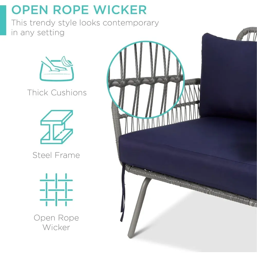 Outdoor Rope Woven Sectional Patio Furniture L-Shaped Conversation Sofa Set for Backyard, Porch w/Thick Cushions, Detachable Lo