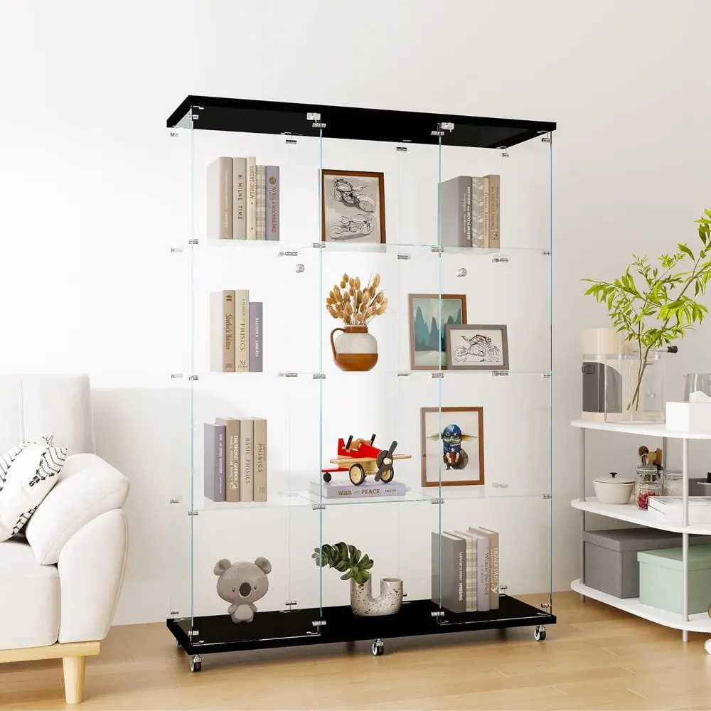 Glass Display Cabinet with 4 Shelves Extra Large, Curio Cabinets for Living Room, Bedroom, Office, Black Floor Standing Glass Bo