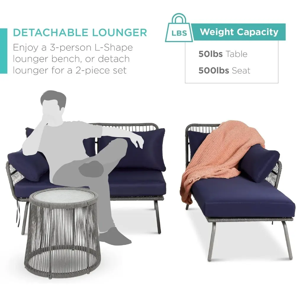 Outdoor Rope Woven Sectional Patio Furniture L-Shaped Conversation Sofa Set for Backyard, Porch w/Thick Cushions, Detachable Lo