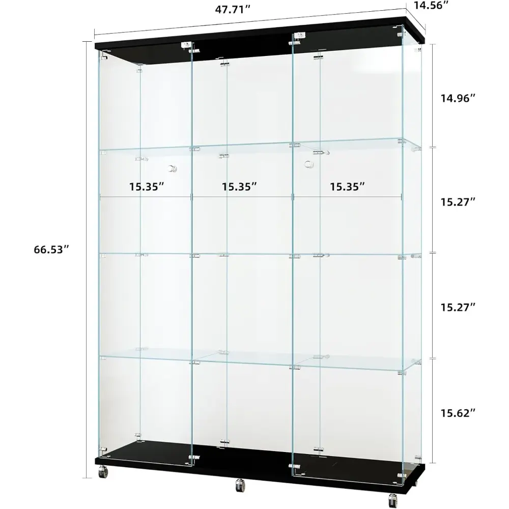 Glass Display Cabinet with 4 Shelves Extra Large, Curio Cabinets for Living Room, Bedroom, Office, Black Floor Standing Glass Bo