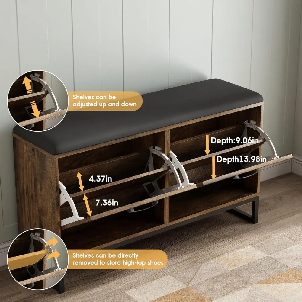 Maupvit Shoe Cabinet with 2 Flip Drawers & Coat Rack, Shoe Storage Bench with Seat Cushion for Entryway, 5 Large Sturdy Metal Ho
