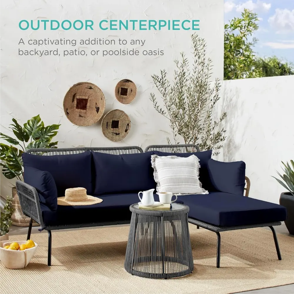 Outdoor Rope Woven Sectional Patio Furniture L-Shaped Conversation Sofa Set for Backyard, Porch w/Thick Cushions, Detachable Lo