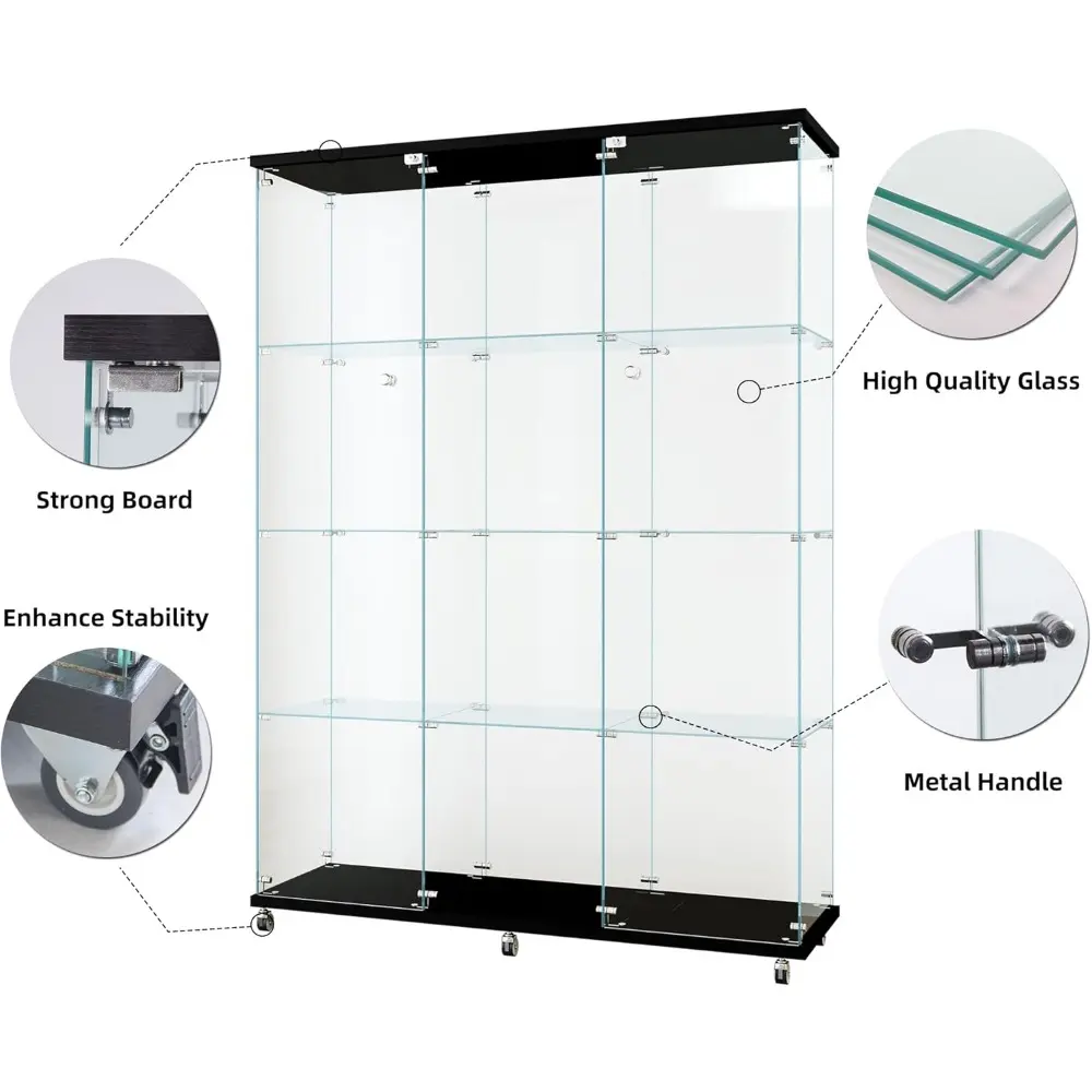 Glass Display Cabinet with 4 Shelves Extra Large, Curio Cabinets for Living Room, Bedroom, Office, Black Floor Standing Glass Bo