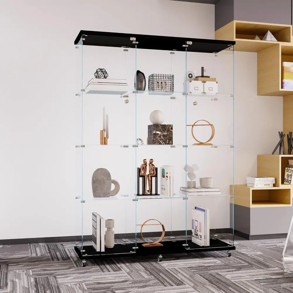 Glass Display Cabinet with 4 Shelves Extra Large, Curio Cabinets for Living Room, Bedroom, Office, Black Floor Standing Glass Bo