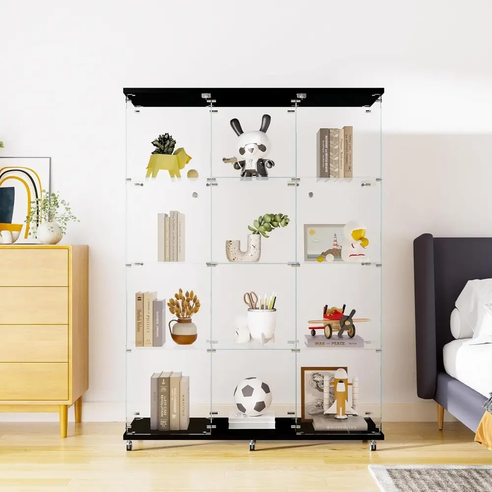 Glass Display Cabinet with 4 Shelves Extra Large, Curio Cabinets for Living Room, Bedroom, Office, Black Floor Standing Glass Bo