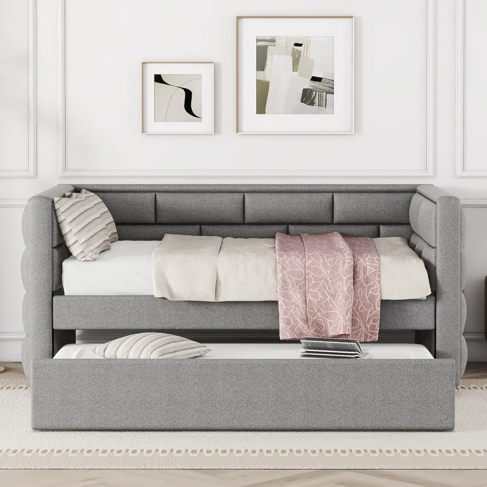 Harper & Bright Designs Daybed with Trundle Bed, Upholstered Twin Daybed Frame with Padded Back,Sofa Bed Wood DayBed Frame, No B
