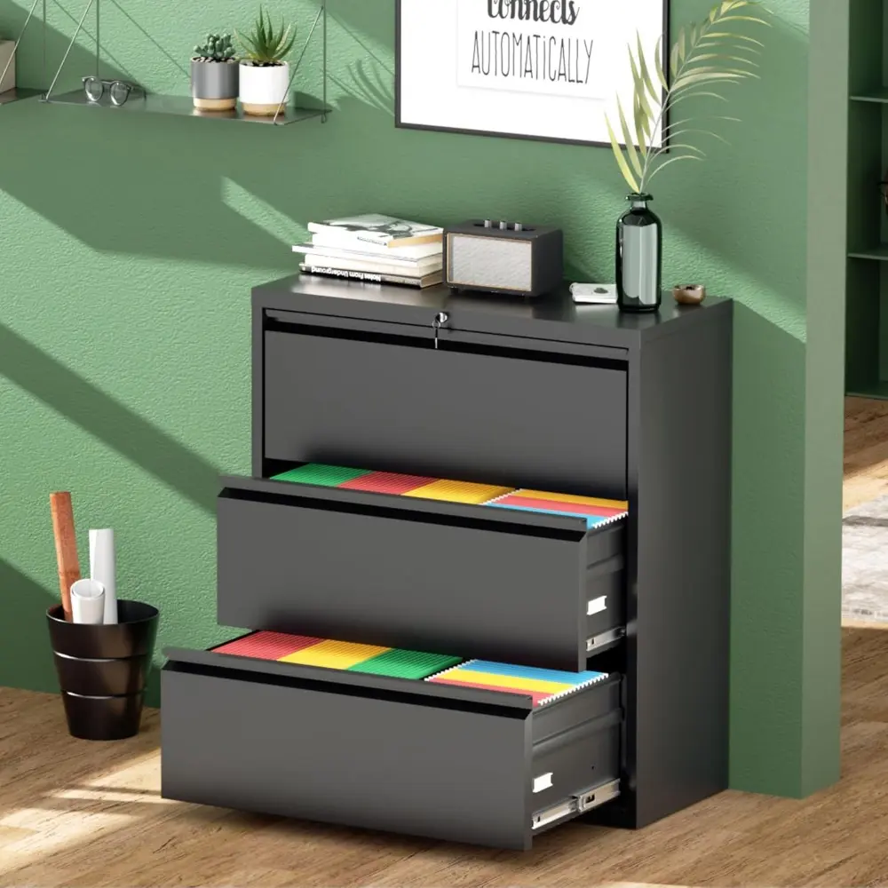 Lateral File Cabinet with Lock,3 Drawer Metal Filing Cabinet for Home Office, Black Steel Lateral File Drawers, Wide Office Fil