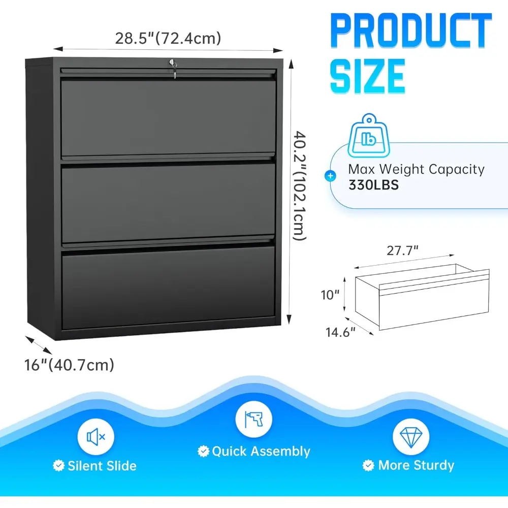 Lateral File Cabinet with Lock,3 Drawer Metal Filing Cabinet for Home Office, Black Steel Lateral File Drawers, Wide Office Fil