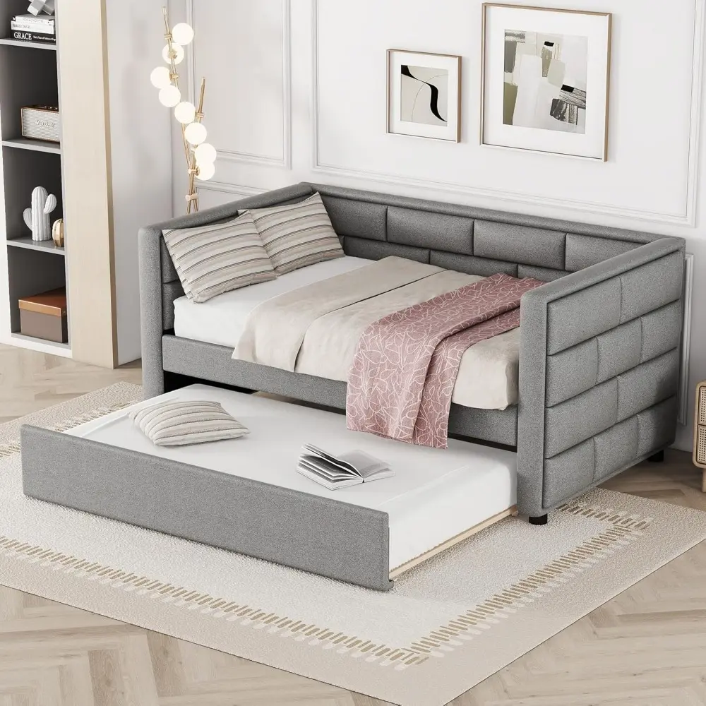 Harper & Bright Designs Daybed with Trundle Bed, Upholstered Twin Daybed Frame with Padded Back,Sofa Bed Wood DayBed Frame, No B