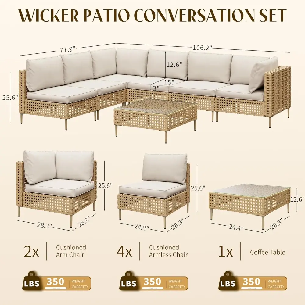 7 Piece Wicker Patio Sectional Furniture Set, Modular Rattan Outdoor Furniture, Patio Conversation Sets Outdoor Sectionals Sofa,