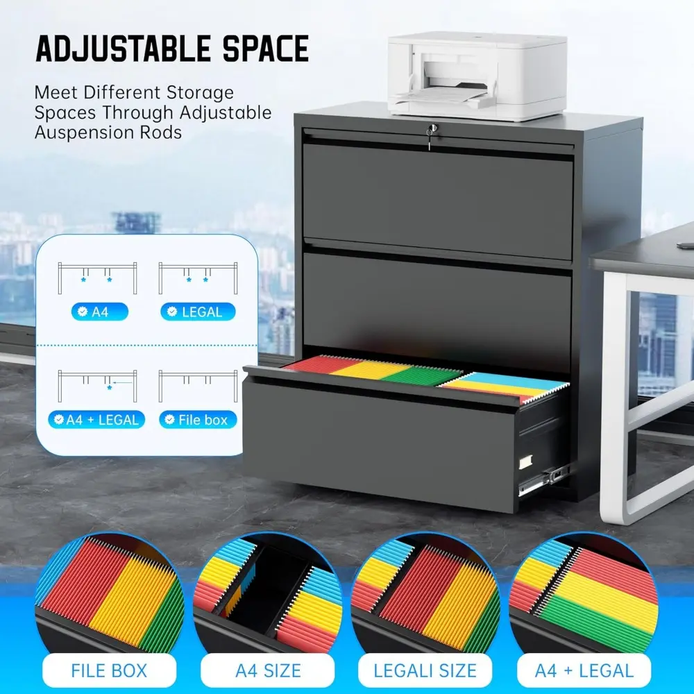 Lateral File Cabinet with Lock,3 Drawer Metal Filing Cabinet for Home Office, Black Steel Lateral File Drawers, Wide Office Fil