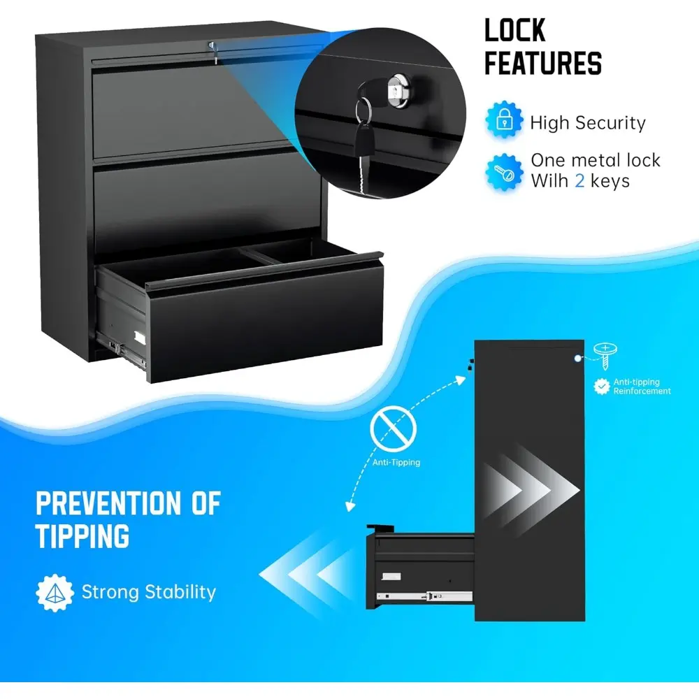 Lateral File Cabinet with Lock,3 Drawer Metal Filing Cabinet for Home Office, Black Steel Lateral File Drawers, Wide Office Fil