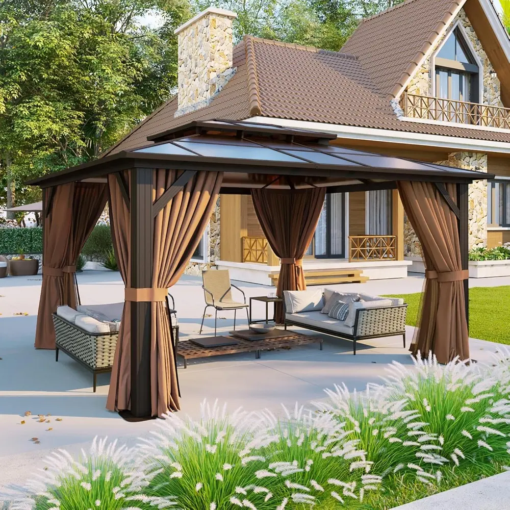Aluminum Framed Permanent Pavilion with Double Roof Canopy, Curtains, and Netting for Outdoor Use