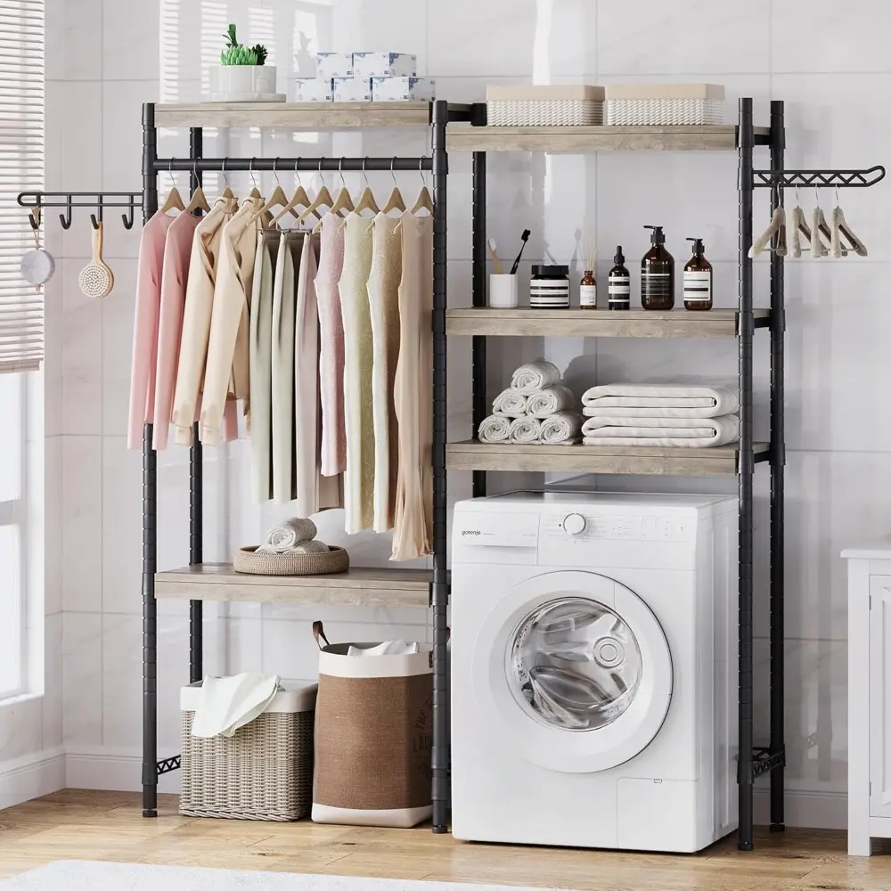 5-Tier Wood Over The Washer and Dryer Storage Shelf- Laundry Room Organization Space Saving Laundry Drying Clothes Racks Heavy D