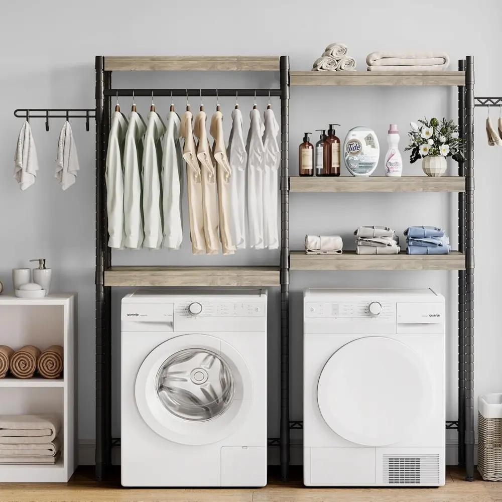 5-Tier Wood Over The Washer and Dryer Storage Shelf- Laundry Room Organization Space Saving Laundry Drying Clothes Racks Heavy D