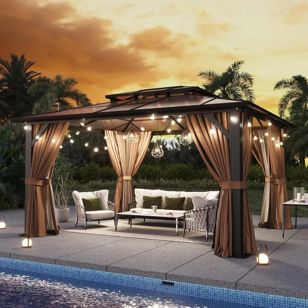 Aluminum Framed Permanent Pavilion with Double Roof Canopy, Curtains, and Netting for Outdoor Use