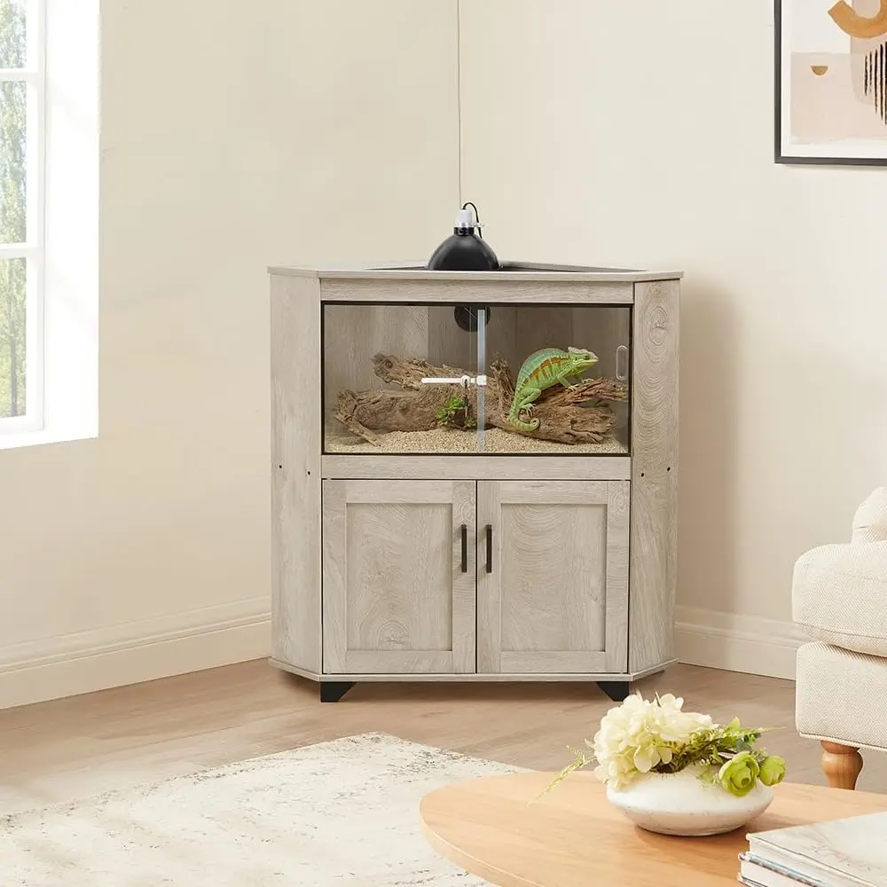 28 Gallon Reptile Tank Corner Design, Modern Reptile Terrarium Enclosure with Glass Sliding Doors and Storage Cabinet, Adjustab