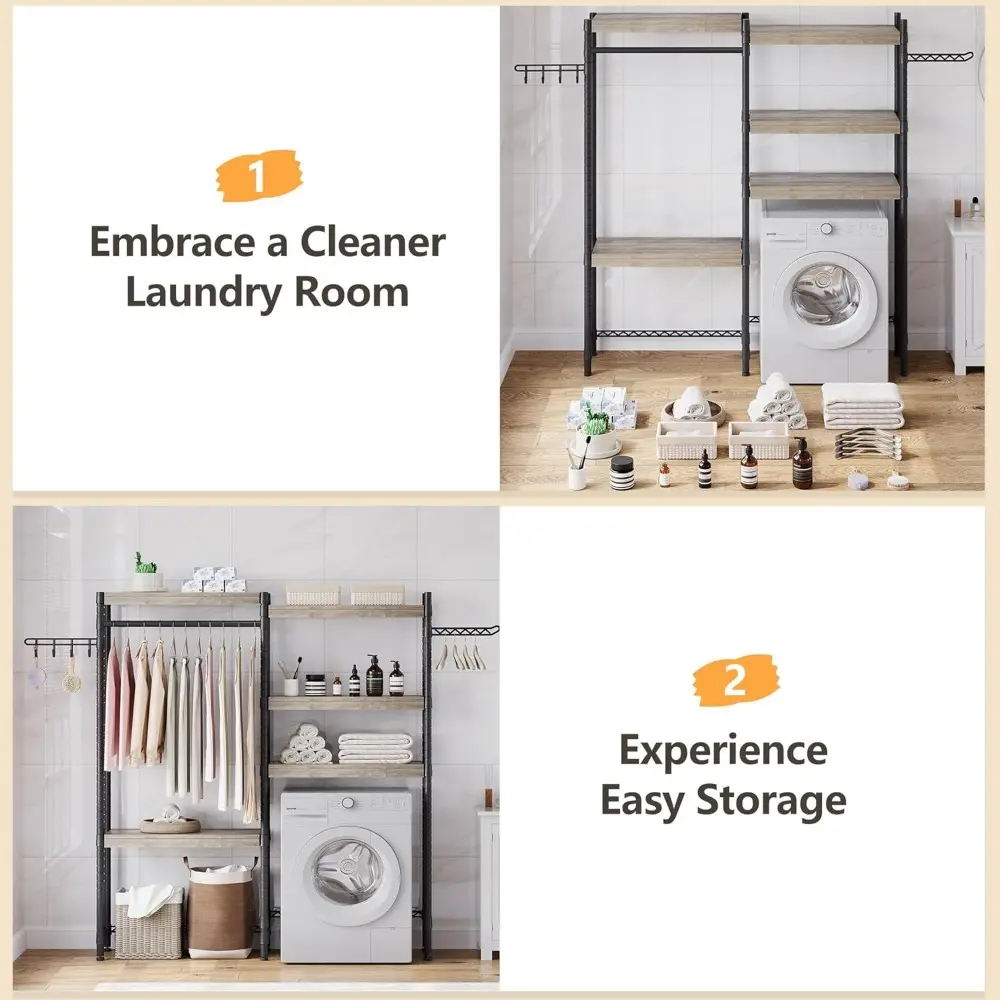 5-Tier Wood Over The Washer and Dryer Storage Shelf- Laundry Room Organization Space Saving Laundry Drying Clothes Racks Heavy D