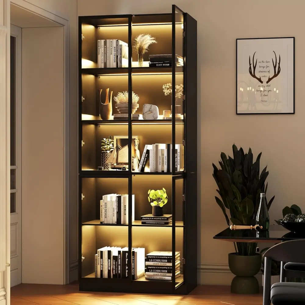 Display Storage Cabinet with Glass Door, LED Lights,Showcase for Collections, Perfume, Vinyl Albums, Bookcase for Home Office, L