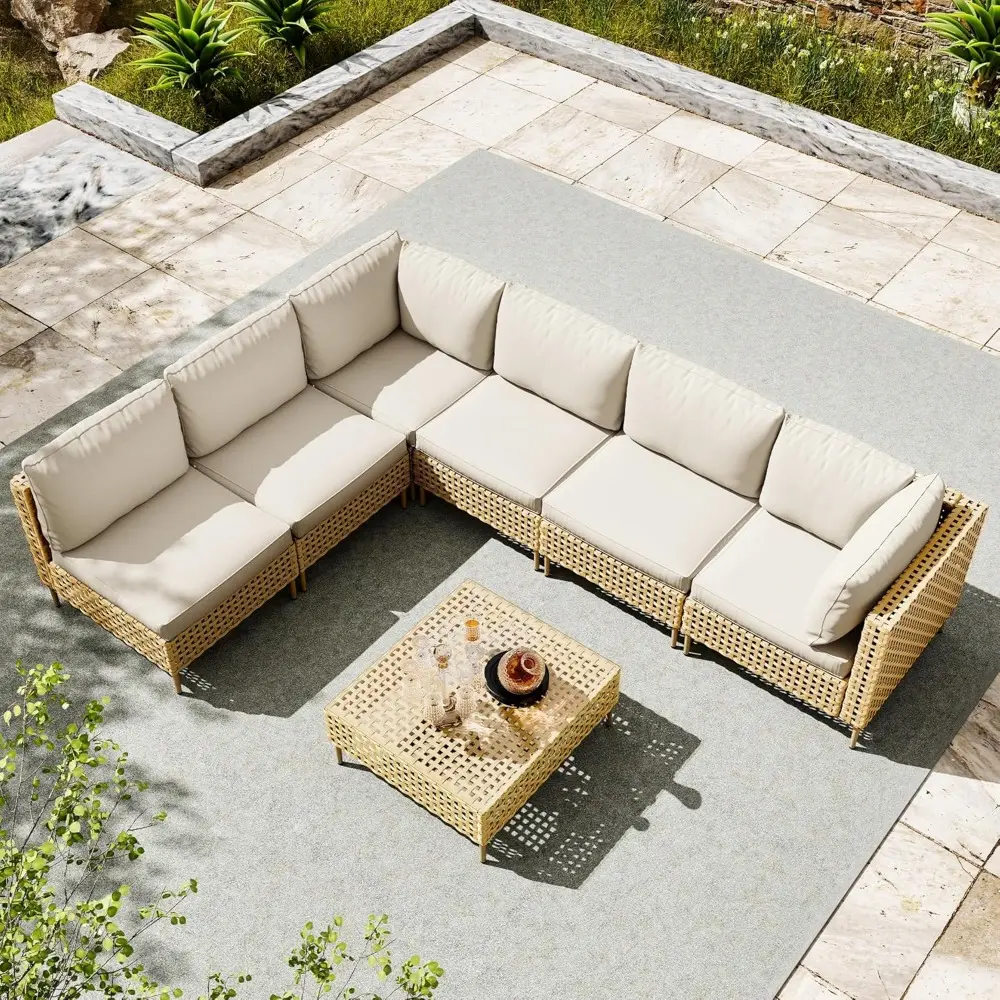 7 Piece Wicker Patio Sectional Furniture Set, Modular Rattan Outdoor Furniture, Patio Conversation Sets Outdoor Sectionals Sofa,