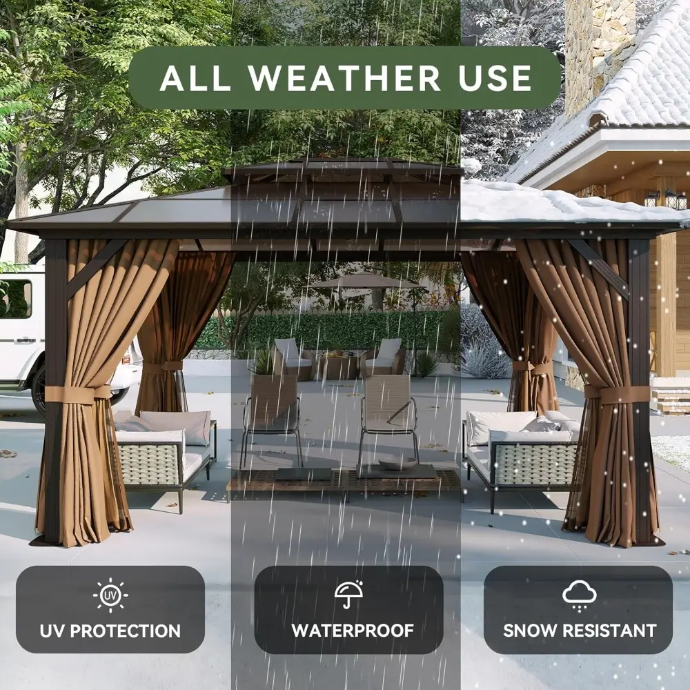 Aluminum Framed Permanent Pavilion with Double Roof Canopy, Curtains, and Netting for Outdoor Use