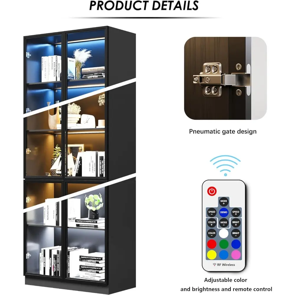 Display Storage Cabinet with Glass Door, LED Lights,Showcase for Collections, Perfume, Vinyl Albums, Bookcase for Home Office, L