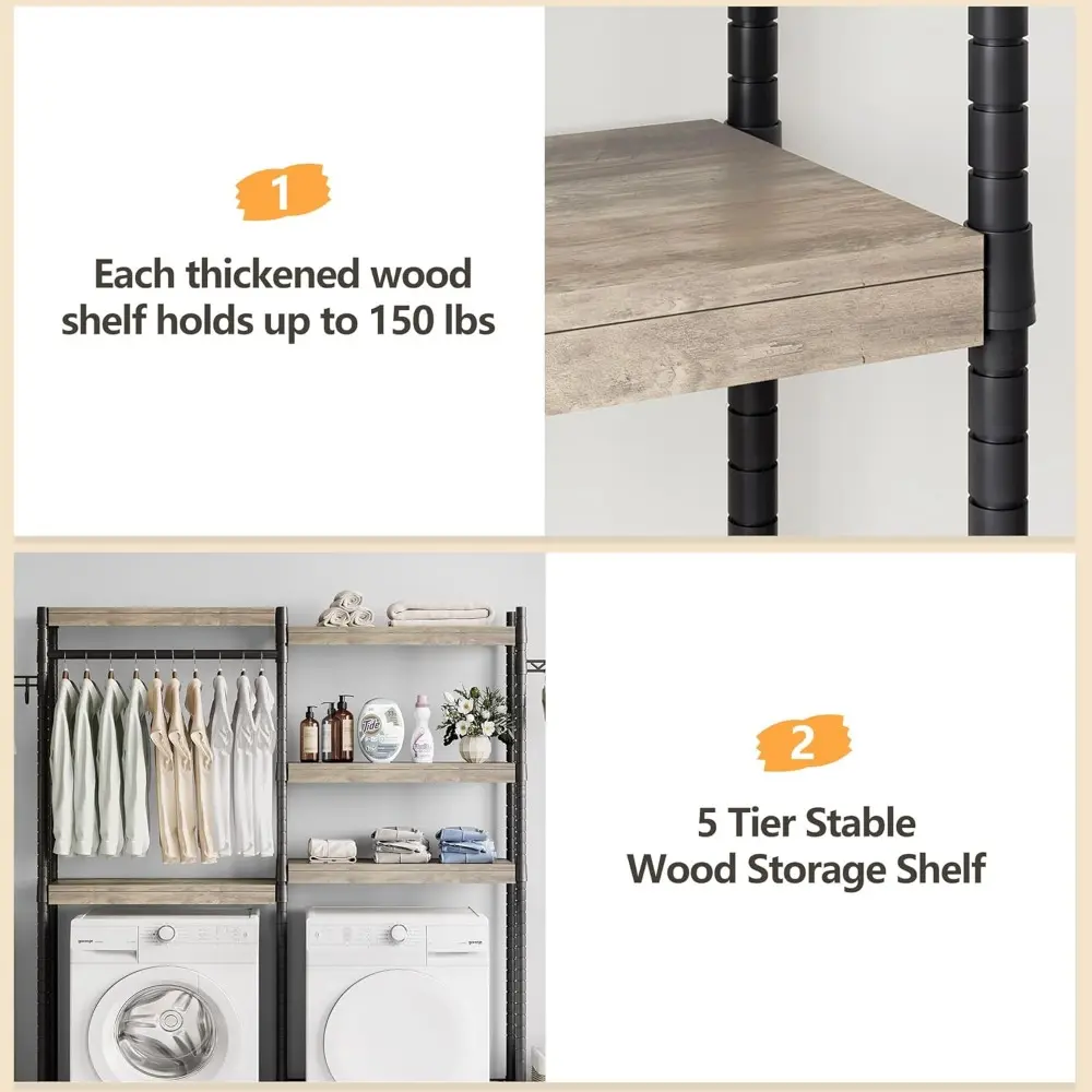 5-Tier Wood Over The Washer and Dryer Storage Shelf- Laundry Room Organization Space Saving Laundry Drying Clothes Racks Heavy D