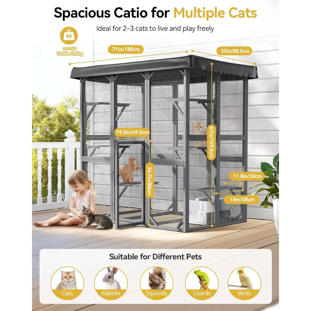 Catio Outdoor Cat Enclosure, 71" Large Cat House for Multiple Cats with Waterproof Roof, 3 Tier Cat Cage with 6 Platform for Pat