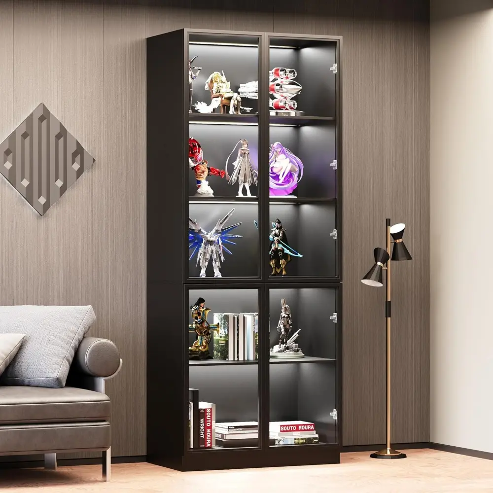 Display Storage Cabinet with Glass Door, LED Lights,Showcase for Collections, Perfume, Vinyl Albums, Bookcase for Home Office, L