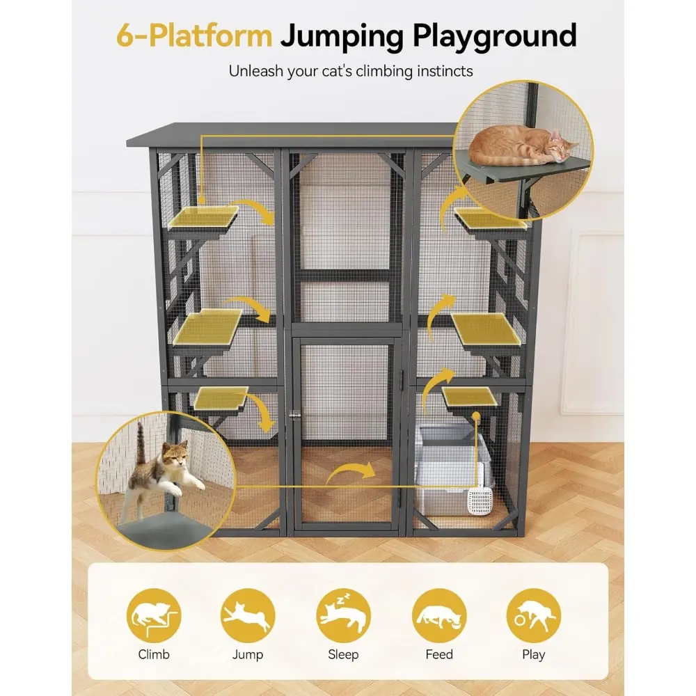Catio Outdoor Cat Enclosure, 71" Large Cat House for Multiple Cats with Waterproof Roof, 3 Tier Cat Cage with 6 Platform for Pat
