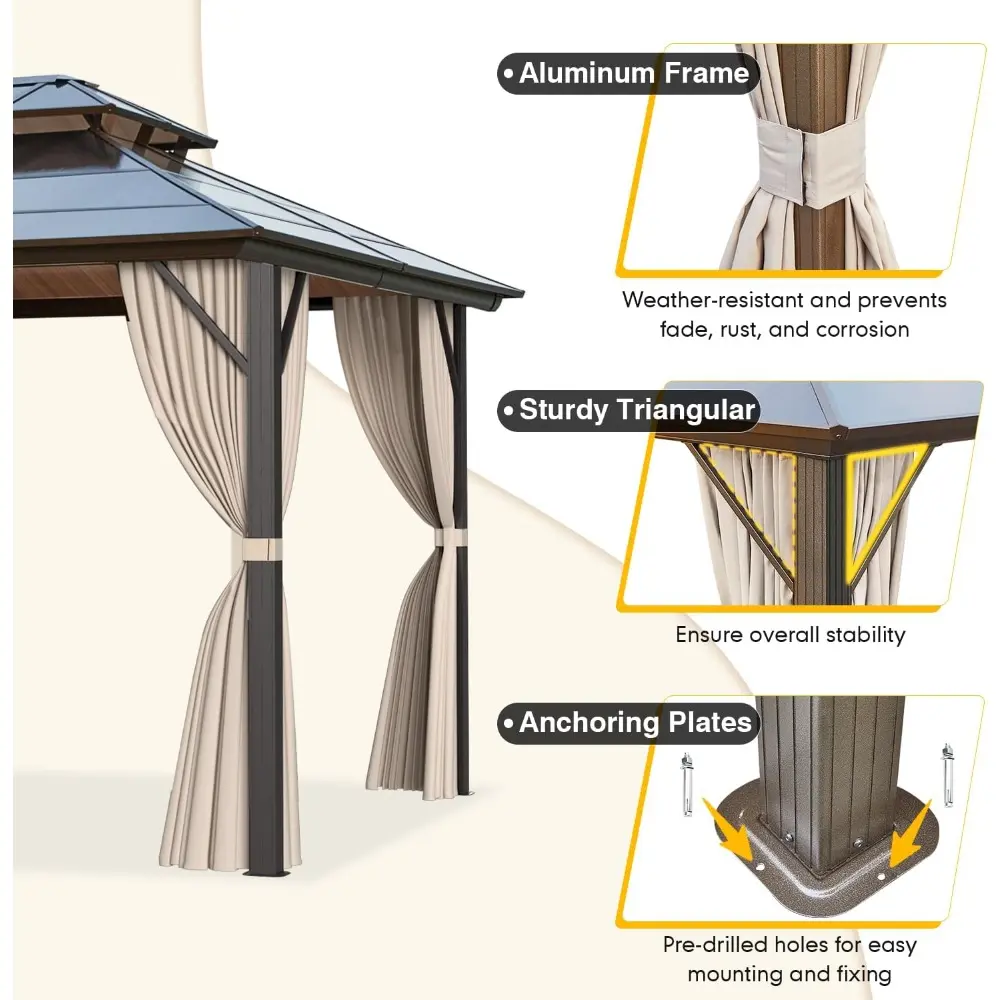 Permanent Outdoor Pavilion with Double Polycarbonate Roof, Aluminum Frame, Curtains, and Netti for 10x13 Hardtop Gazebo